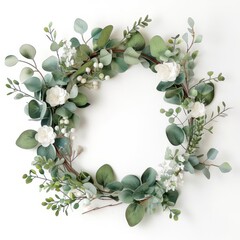 Naklejka premium Beautiful floral wreath adorned with green foliage and white blossoms, perfect for home decor or seasonal celebrations.
