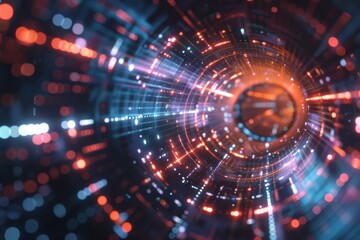 Innovative digital technology sphere against a dark background. Concept of extensive data analytics and tech advancements. Three-dimensional rendering visualization