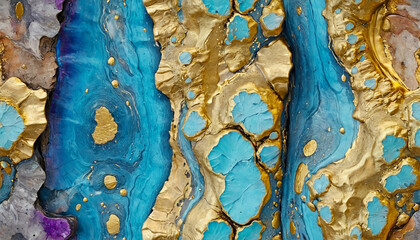 Abstract Blue and Gold Fluid Art Background. Marble Texture with Metallic Gold Accents. Luxury Blue and Gold Marbled Pattern. Modern Abstract Painting with Metallic Elements.
