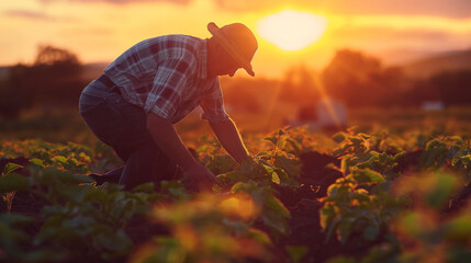 Fototapeta premium a man in a plaid shirt is picking sunflowers at sunset.