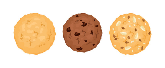 Cookies set. Biscuit with seeds, chocolate and oatmeal. Vector cartoon flat illustration.
