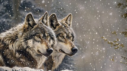 Obraz premium Two wolves gazing into the distance in a snowfall in the Rocky Mountains