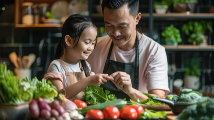 A man and a little girl are in a kitchen, preparing food together