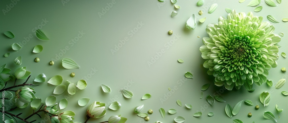 Wall mural Elegant Green Chrysanthemum Flower with Petals on Green Background - Nature and Floral Beauty