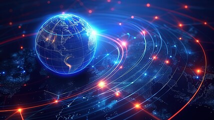 Obraz premium Global Tech Earth: 3D Digital Connected Network Background with Networking, Line Lights, Data Transmission, Transfer Speed, Internet, Triangle Digital Data, Worldwide Big Data Cloud