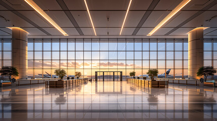 A modern international airport terminal with large glass windows at sunset
