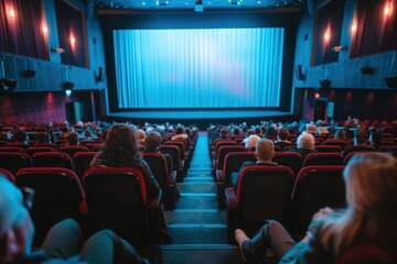 An attentive audience fills a theater, captivated by the glowing screen ahead, immersed in a moment of shared experience.