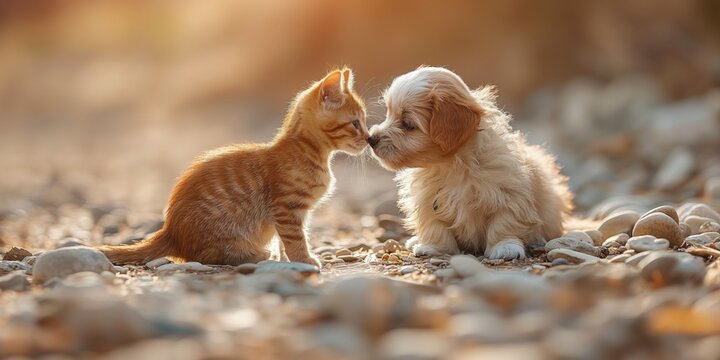 baby cat and dog sniffing each other at beach, 