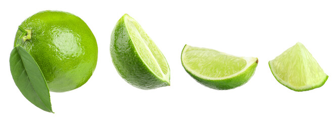 Fresh lime isolated on white, collage. Whole, half and slices