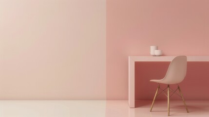 A white chair sits in front of a desk against a pink wall. Generative AI