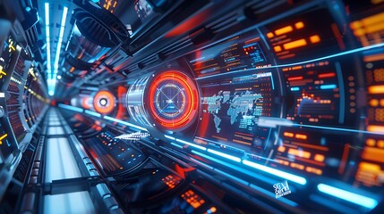 Futuristic Holographic Interface In High-Tech Tunnel