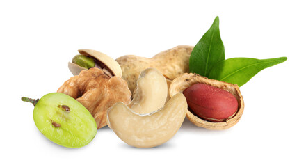 Mix of nuts and green grape isolated on white