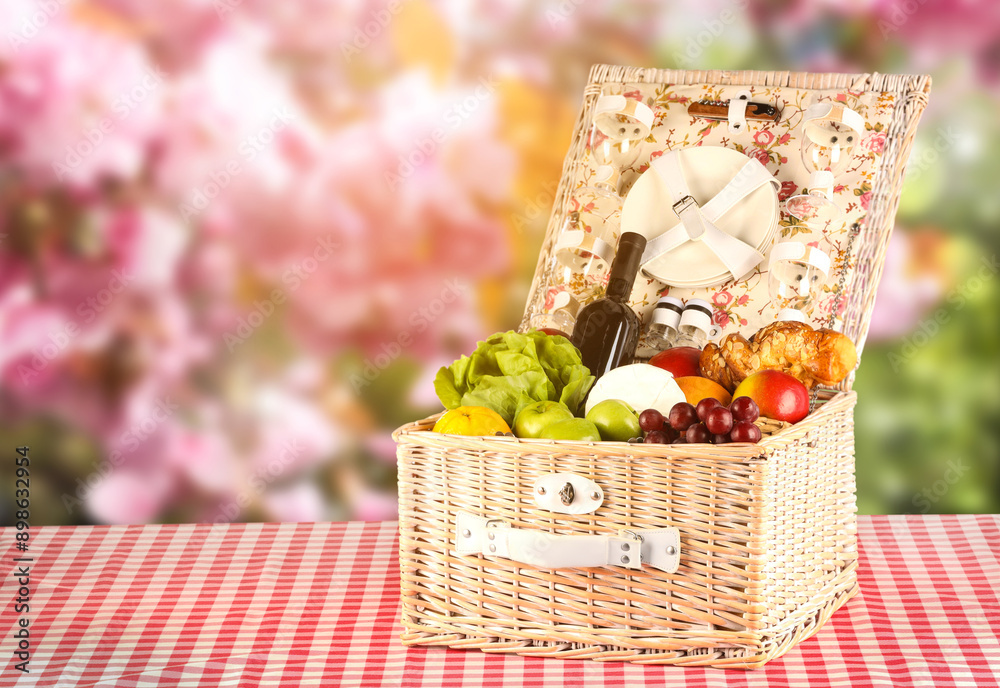 Sticker Picnic basket with foods and wine on table in nature. Space for text