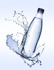 Bottle of water and splashes in air on light background