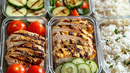 A variety of food items including chicken, rice