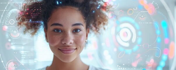 Innovative young woman smiling with futuristic technology hologram interface background