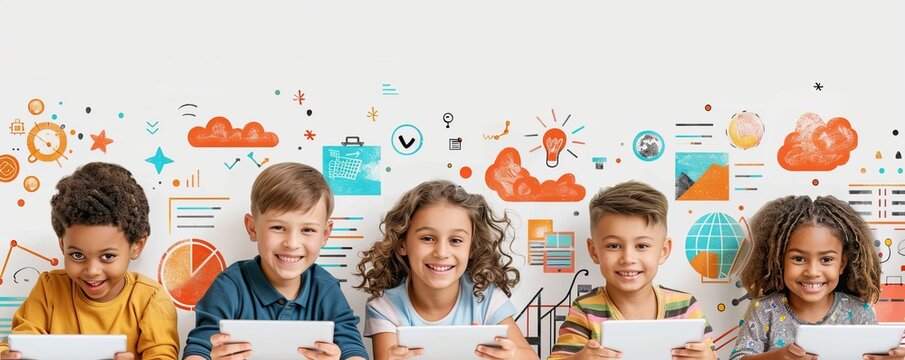 Happy diverse children using tablets with educational illustrations in the background