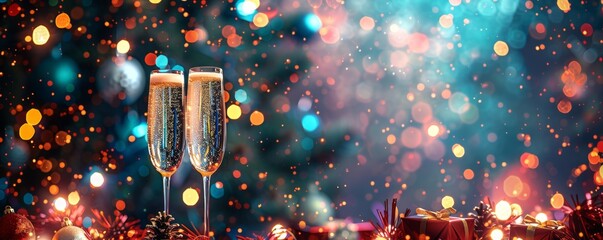 Festive holiday celebration with champagne glasses and bokeh lights