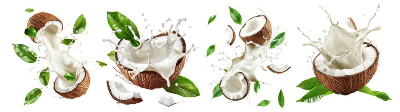 Set of fresh coconuts splashing milk and leaves, cut out