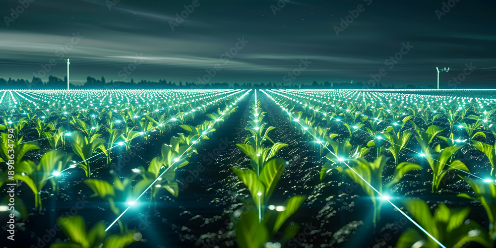 Wall mural nighttime view of smart farm with digital grid overlay enhancing crop rows. concept smart farming, d