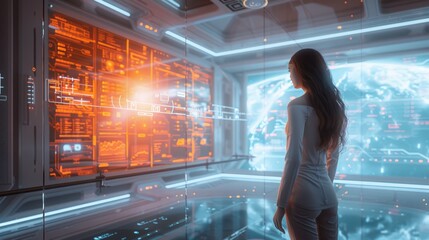 Woman in futuristic room looking at glowing interface with global data and technology