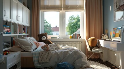 Boy's room, white, brown, Queen bed, desk, flat orientation,hardcover, bear in front of window