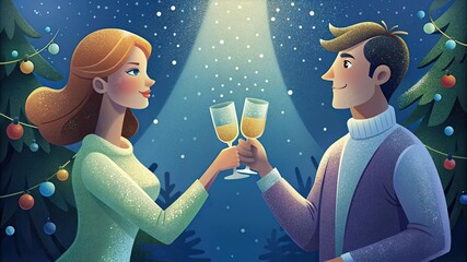 Man and woman celebrating Christmas. Glasses of champagne in hands