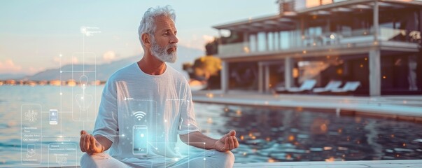 Elderly man practicing meditation by a tranquil lake with futuristic digital holograms