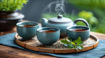 A serene scene featuring a beautifully crafted ceramic tea set, including a teapot and cups, all in a speckled blue glaze. 