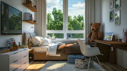 Fototapeta premium Boy's room, white, brown, Queen bed, desk, flat orientation,hardcover, bear in front of window