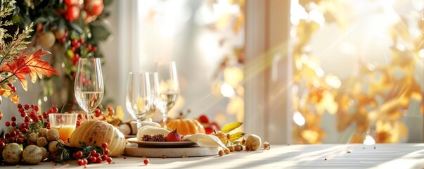 Elegant Thanksgiving dinner table setting with roasted turkey, pumpkins, and floral centerpiece decorations