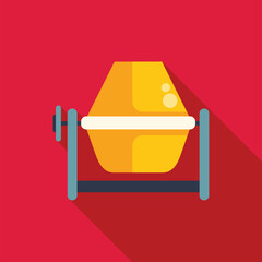 Yellow concrete mixer mixing cement for construction works in flat design with long shadow