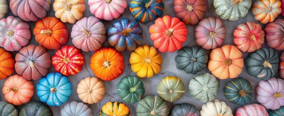 Fototapeta premium An array of various colorful pumpkins arranged in an artistic composition, showing diversity in colors and textures.