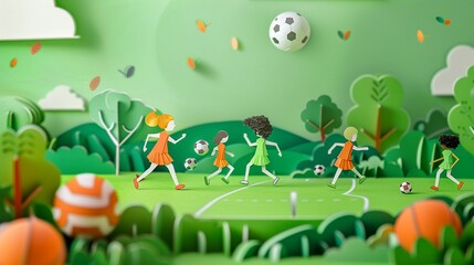 Fototapeta premium A field day with students participating in outdoor games and paper cut sports equipment on a bright green background a moment of physical activity