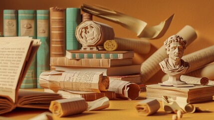 A history teacher showing artifacts with paper cut ancient relics and scrolls on a light brown background a moment of discovery