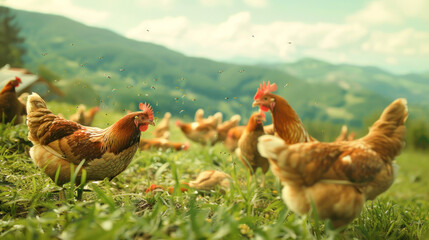 Fototapeta premium hens and rooster feeding seeds
