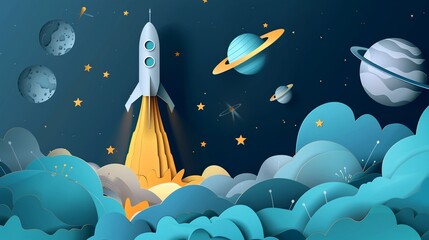 A rocket launching into space with paper cut stars and planets on a dark blue background a moment of exploration