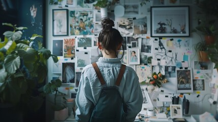 Obraz premium A woman creating a mood board for her upcoming projects, with various photos and notes.