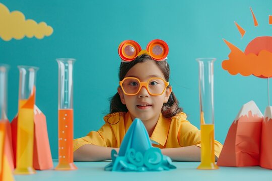 A student at a science fair with a volcano model and paper cut test tubes on a bright blue background a fun and educational experiment