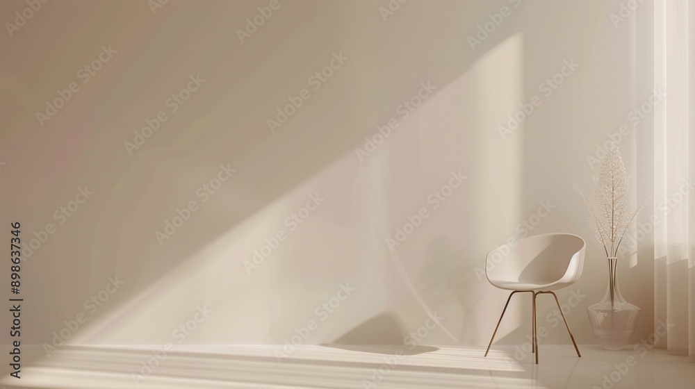 Aufkleber A single white chair sits in a minimalist room with sunlight streaming in through a window, creating a bright and airy atmosphere. Generative AI