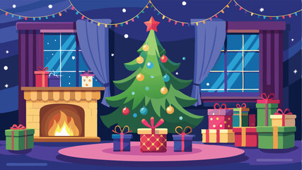 Fototapeta premium Stylishly decorated Christmas tree with fireplace interiors with a Christmas tree, lights and gifts under the tree. Generative AI