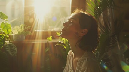 A woman practicing deep breathing exercises to reduce stress and anxiety.