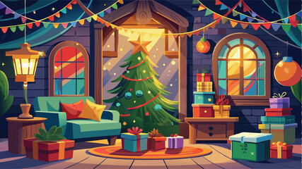 Fototapeta premium Stylishly decorated Christmas tree with fireplace interiors with a Christmas tree, lights and gifts under the tree. Generative AI