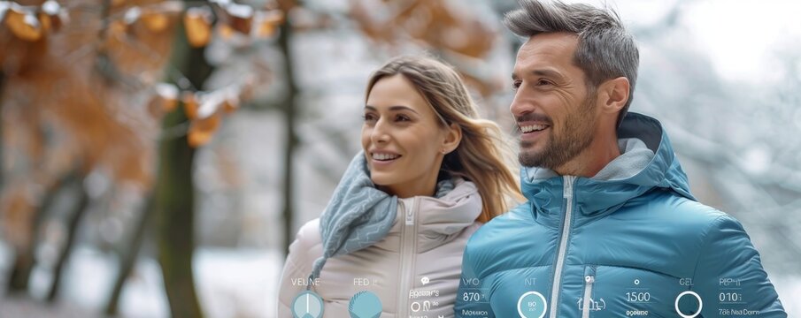 Happy couple hiking in winter landscape with digital health data overlay - Powered by Adobe