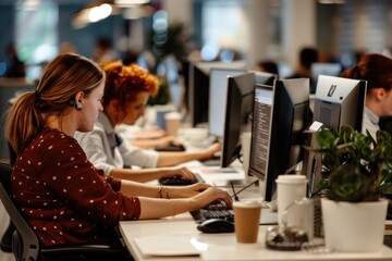 Focused professionals working at computer desks in a busy modern open-plan office environment. Collaborative workspace with diverse team.