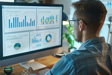 Digital Marketing: SEO specialist meticulously analyzing website traffic data on computer screen. Interpreting complex analytics to optimize online visibility, enhance search rankings,  traffic growth