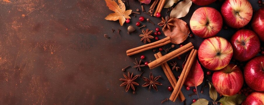 Cinnamon sticks, star anise, apples & fall leaves on a rustic brown background.