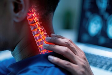 Person experiencing neck pain highlighted by red glowing spine, representing discomfort and health issue.