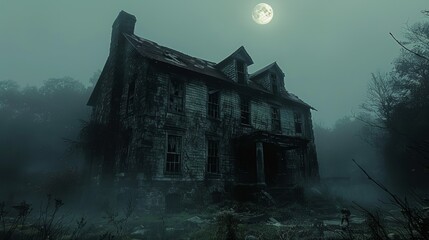 Spooky abandoned house at night with fog surrounding it and a full moon in the background