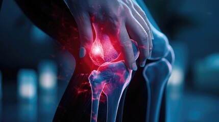 Illustration showing knee joint pain with highlighted red area, indicating inflammation or injury. Medical concept image.